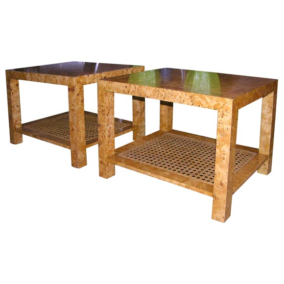 Pair of Burlwood end tables with cane bottom shelf