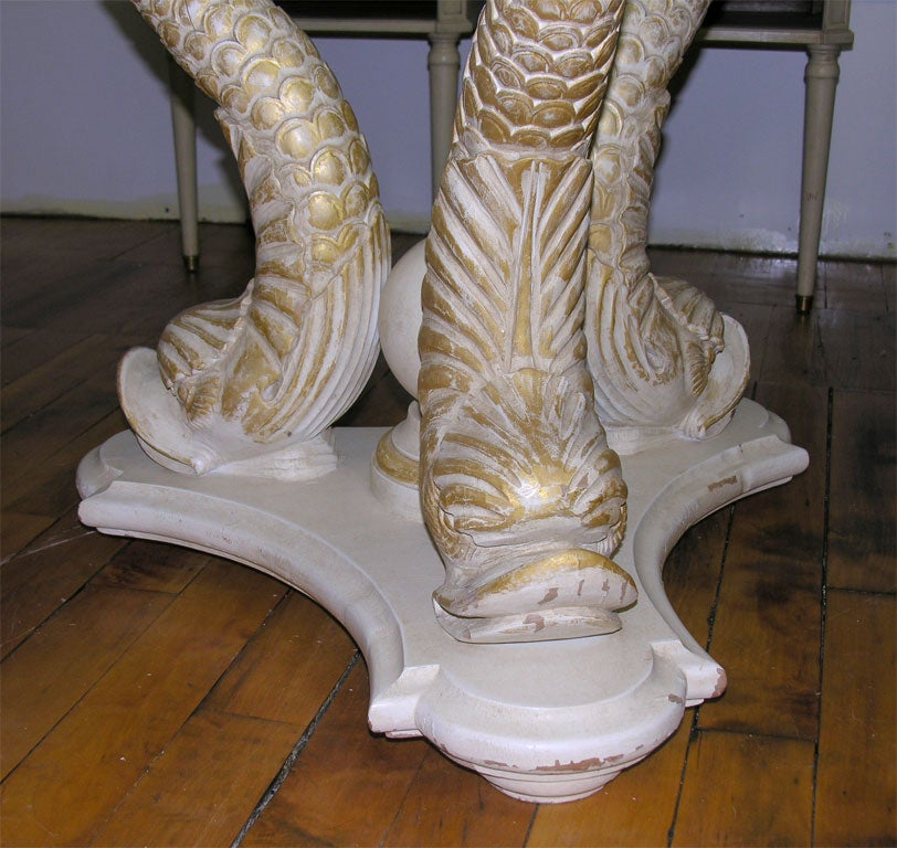 French Pair of small round gueridons style round tables on dolphin base