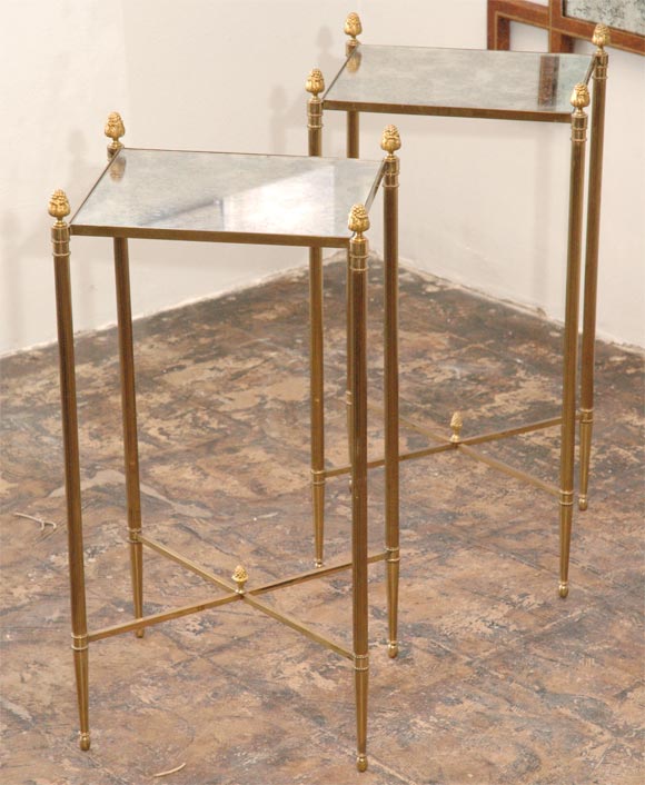 Pair of chic gilt bronze and mirror side tables by Maison Baguès