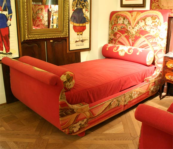 American Pair of Aubusson Tapestry Covered Sleigh Beds