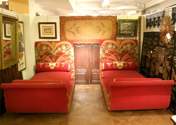 Pair of Sleigh Beds, designed by Richard Himmel, covered in mid-19th century French Aubusson Tapestry.