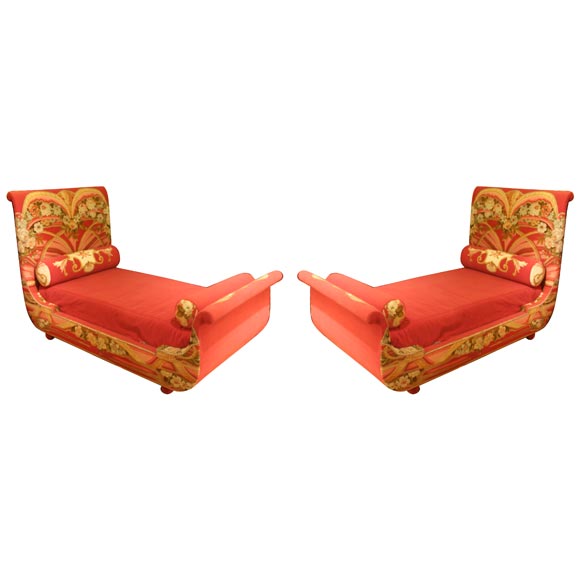 Pair of Aubusson Tapestry Covered Sleigh Beds at 1stDibs