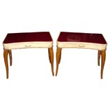 Pair of vellum, wood and red glass side tables