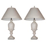 Antique Pair of Carved Alabaster Lamps with Custom Shades