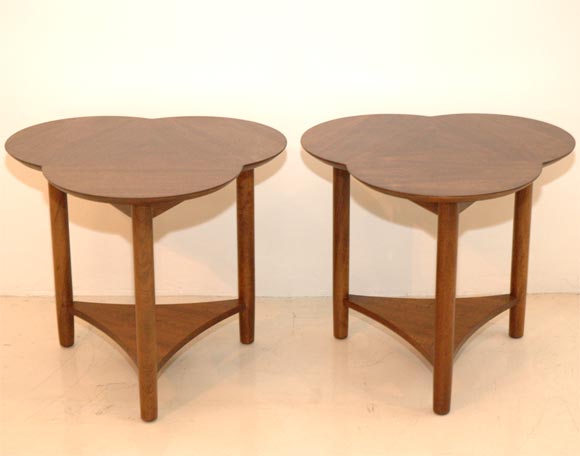 Pair of walnut side tables with clover shaped tops. Excellent quality and craftsmanship. Beautiful graining to top.