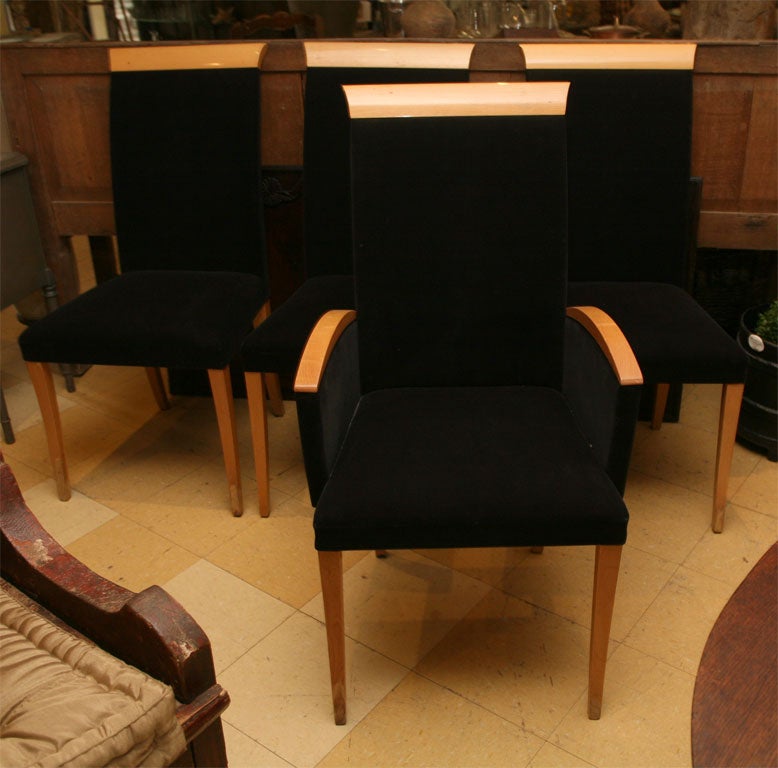 Set of 6 Italian modern high back Dining Chairs covered in elegant black suede,2 arm and 6 side chairs.  Side chairs measure 19 wide.