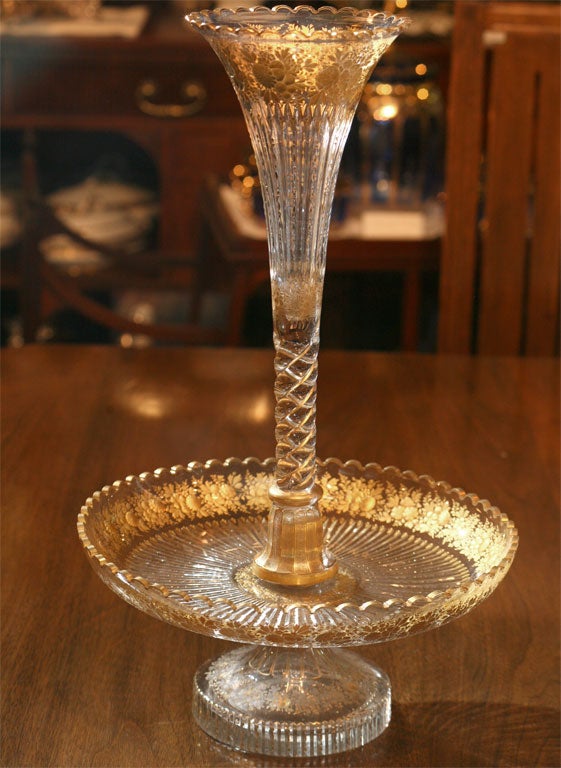 Empire 19th C. Baccarat 3-Part Epergne with Intaglio Cut & Gilded Decoration For Sale