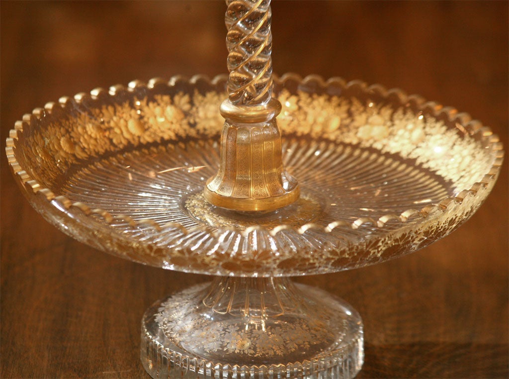Crystal 19th C. Baccarat 3-Part Epergne with Intaglio Cut & Gilded Decoration For Sale