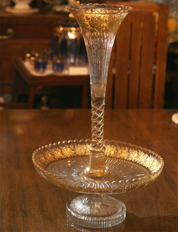 19th C. Baccarat 3-Part Epergne with Intaglio Cut & Gilded Decoration For Sale 2