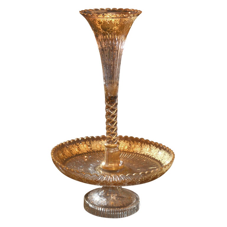 19th C. Baccarat 3-Part Epergne with Intaglio Cut & Gilded Decoration For Sale