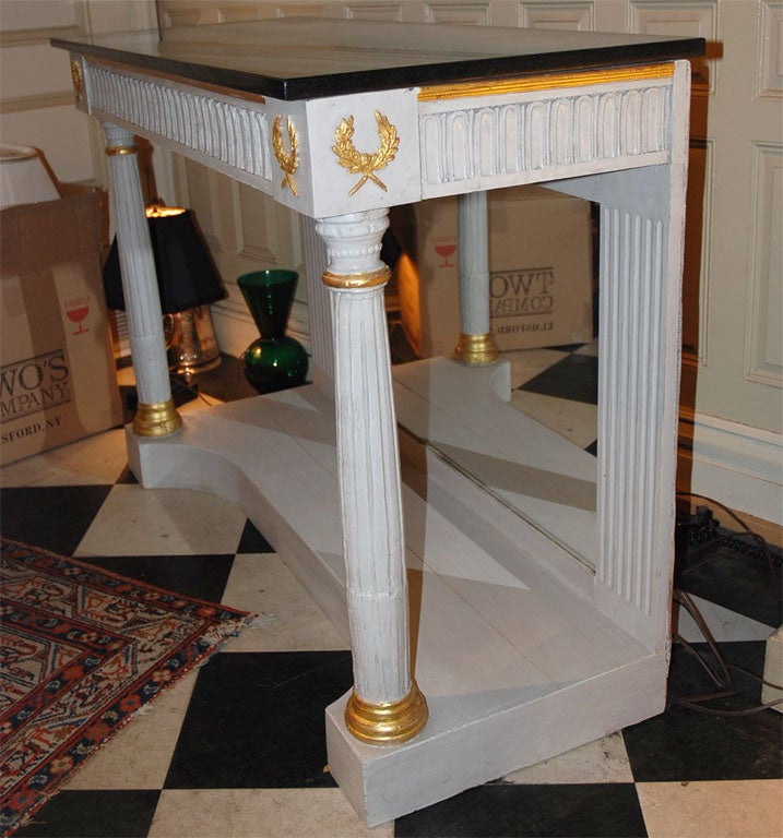 Polished  Neoclassical Console Table-Dove Grey Paint, Black Stone Top & Mirrored Back