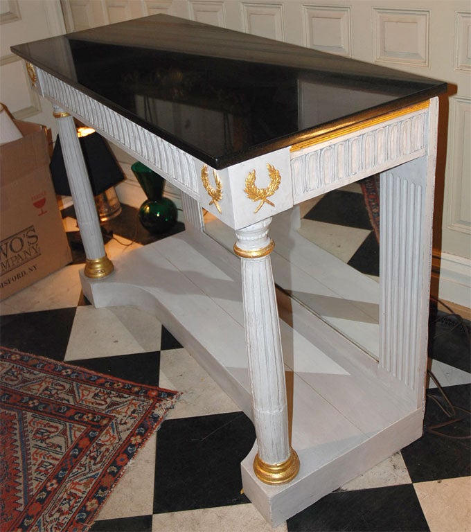  Neoclassical Console Table-Dove Grey Paint, Black Stone Top & Mirrored Back In Good Condition In West Palm Beach, FL