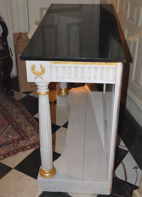 American  Neoclassical Console Table-Dove Grey Paint, Black Stone Top & Mirrored Back