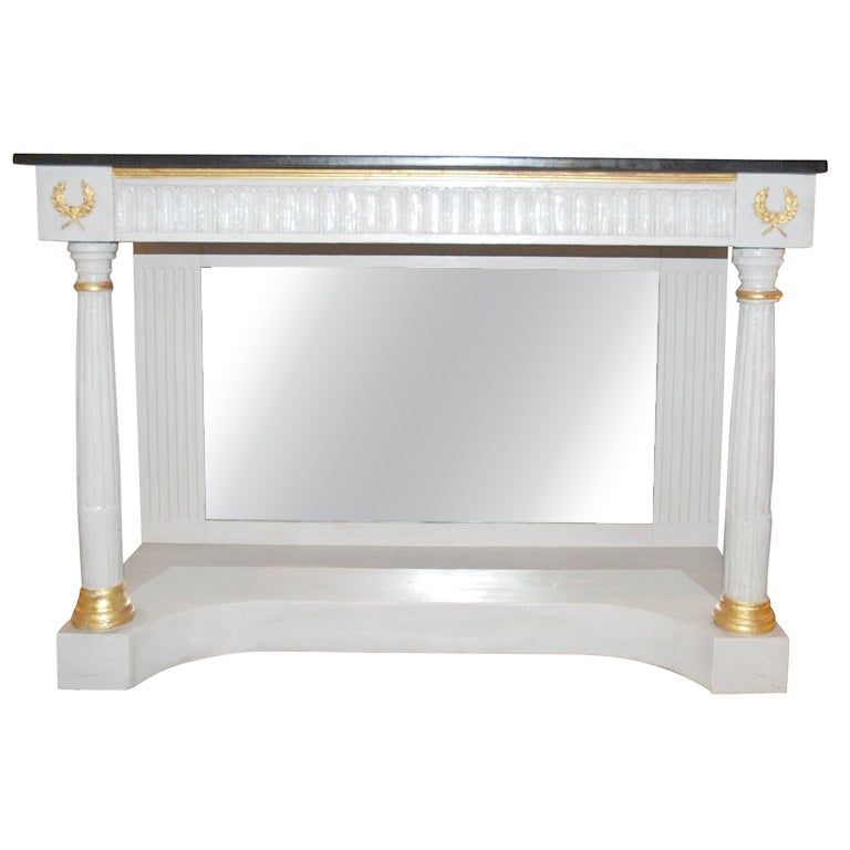  Neoclassical Console Table-Dove Grey Paint, Black Stone Top & Mirrored Back
