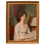 Antique Oil Painting of a Woman Seated At A Piano Forte