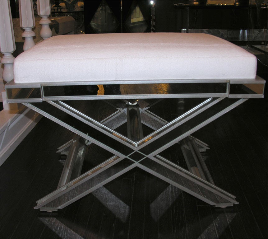 Custom silver trim mirrored X-band bench with French stitch white velour top. Customization is available in different sizes, finishes and fabrics.