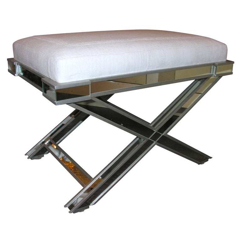 Silver Trim Mirrored X-Band Bench with White Velour Top For Sale