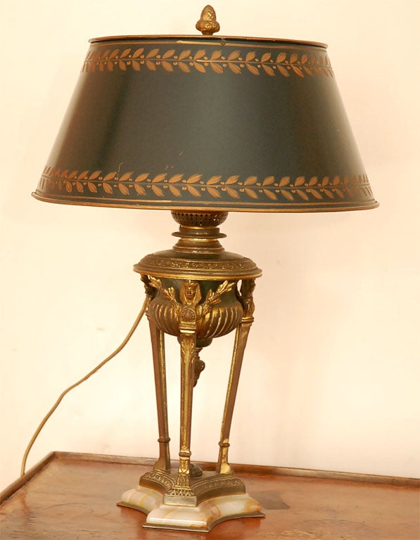 Napoleon III bronze dore oil lamp newly rewired with tole shade