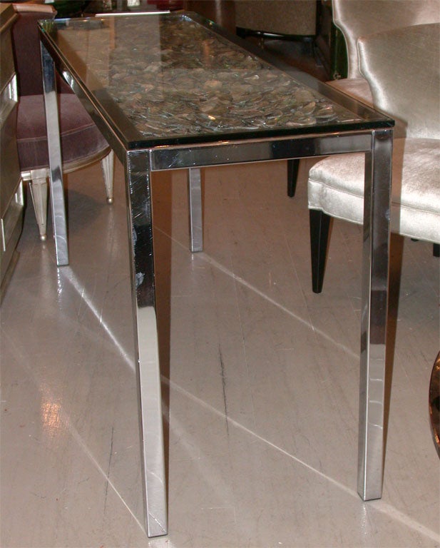 CHROME CONSOLE TABLE WITH BEAUTIFUL ABALONE SHELLS