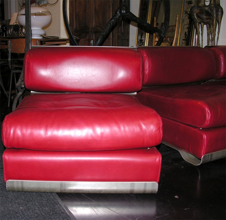 French Custom Leather and Metal Three-Seat Sofa For Sale