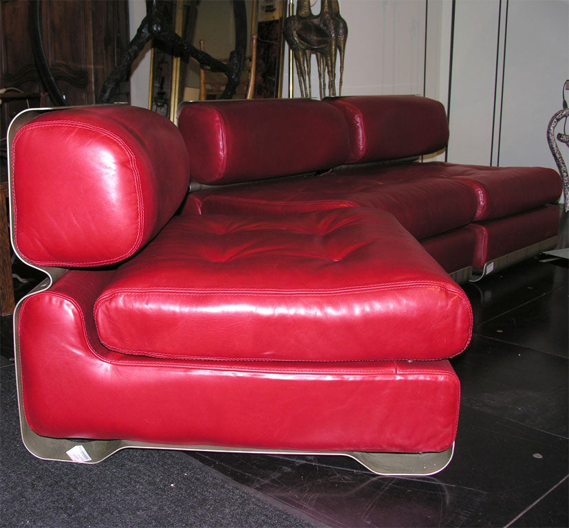 Custom Leather and Metal Three-Seat Sofa In Good Condition For Sale In New York, NY