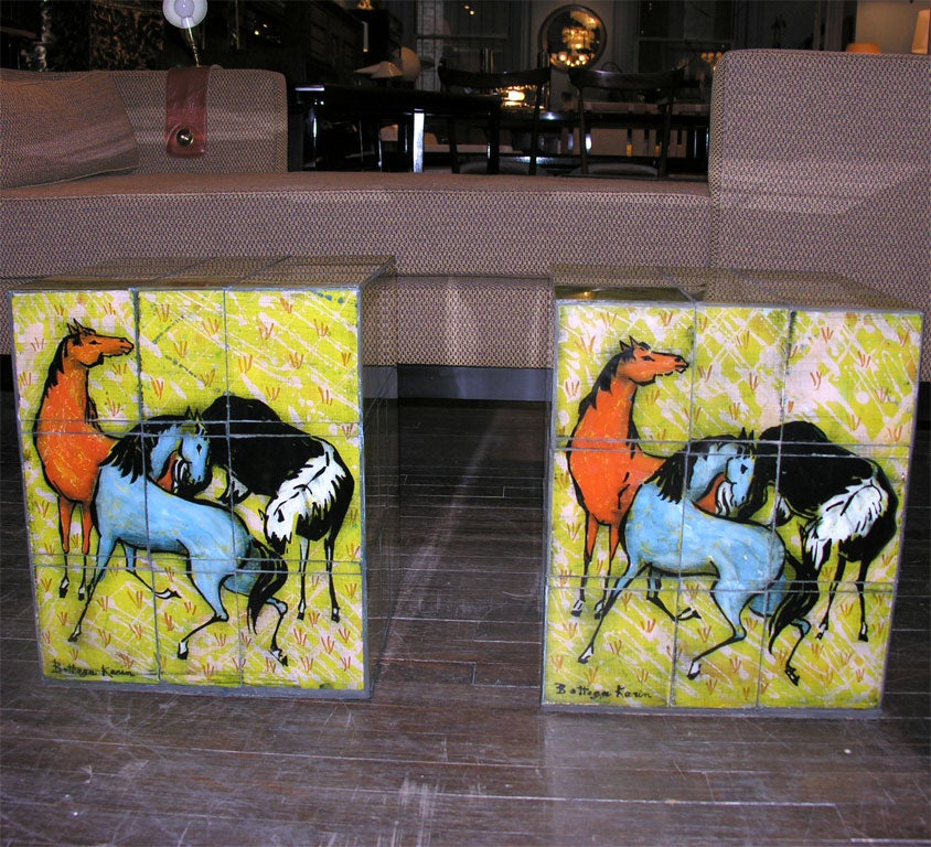 Side Tables Covered w/ Reverse-Painted Glass Tiles by Karin Van Leyden.  Each cube has one side depicting 3 horses at play.  Each tile is intricately painted with multiple layers of color.  These tables were for a custom commission and are a very