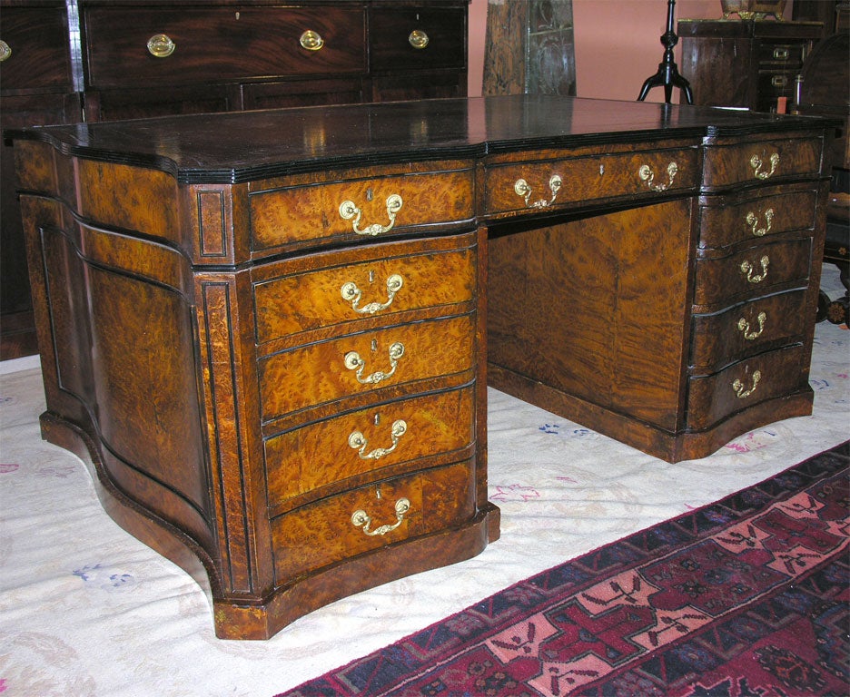George II Burled Leather Top Serpentine Partners Desk, ca 1860's