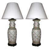 Pair of Mid-19th Century Famille Verre & Famille Rose Porcelain Lamps