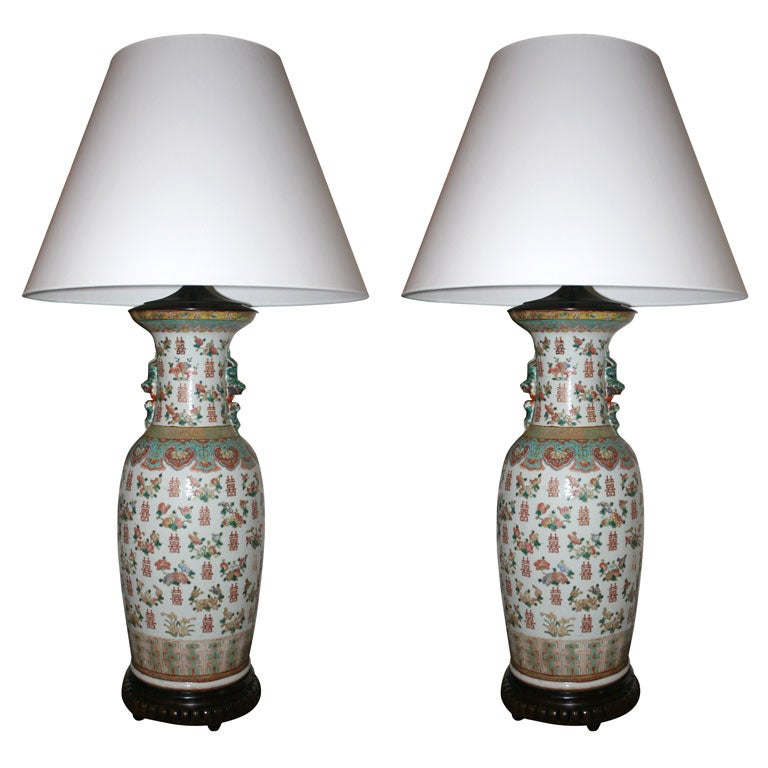 Pair of Mid-19th Century Famille Verre & Famille Rose Porcelain Lamps