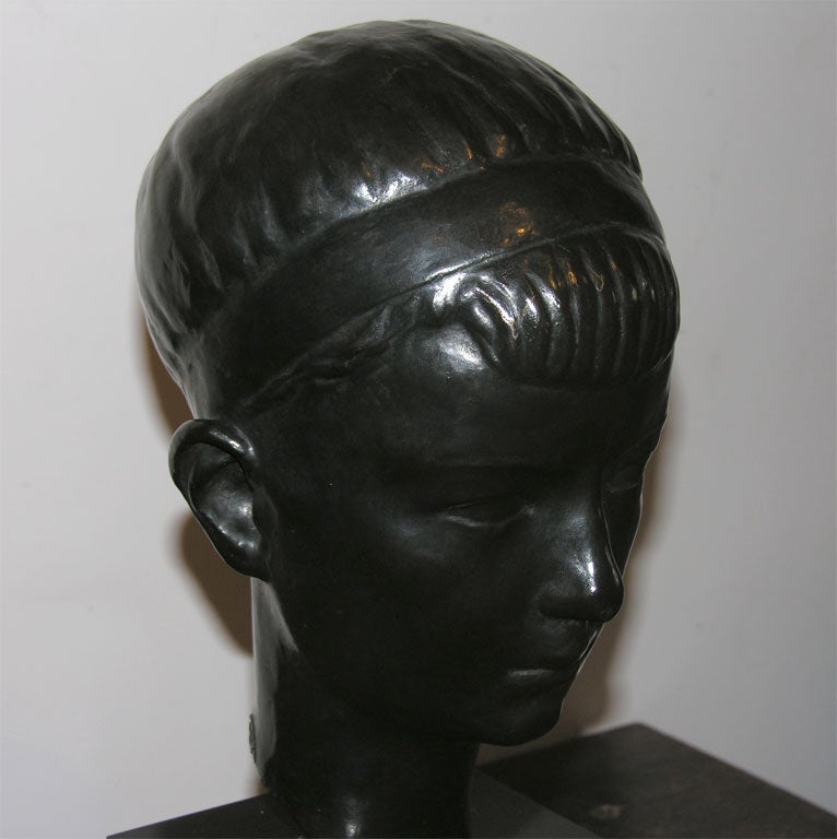 French Bronze Head of a Boy on Pedestal, circa 1935