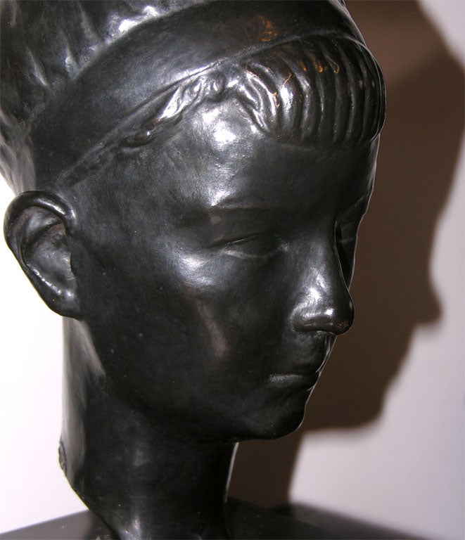 Carved Bronze Head of a Boy on Pedestal, circa 1935