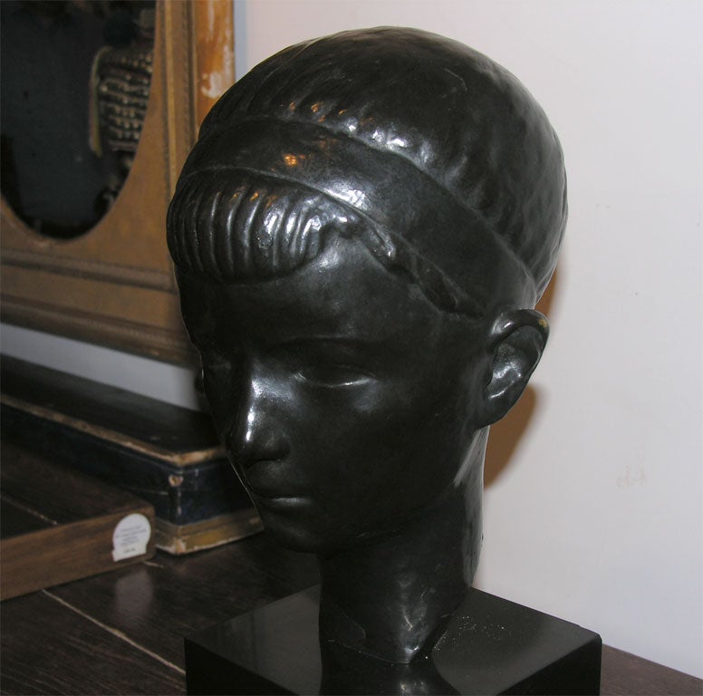 Mid-20th Century Bronze Head of a Boy on Pedestal, circa 1935