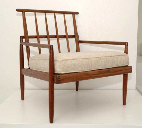 Rare and Early Sam Maloof Walnut Spindle Backed Lounge Chair with cushions upholstered in Jack Lerner Larson fabric.