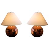 Pair of Copper-Glazed Ceramic Orb Lamps