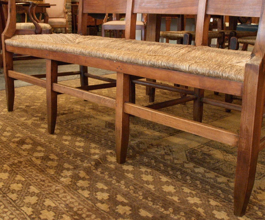 Antique French provincial rush seat fruitwood bench. 2