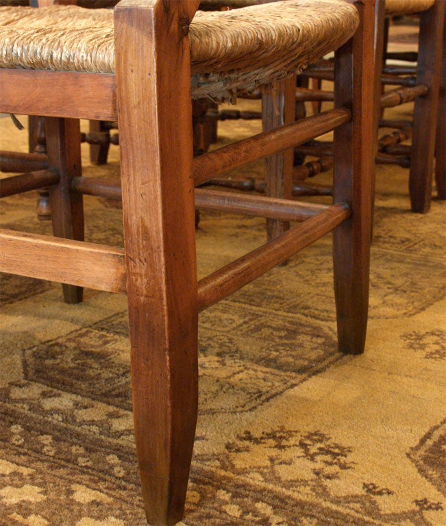 Antique French provincial rush seat fruitwood bench. 3