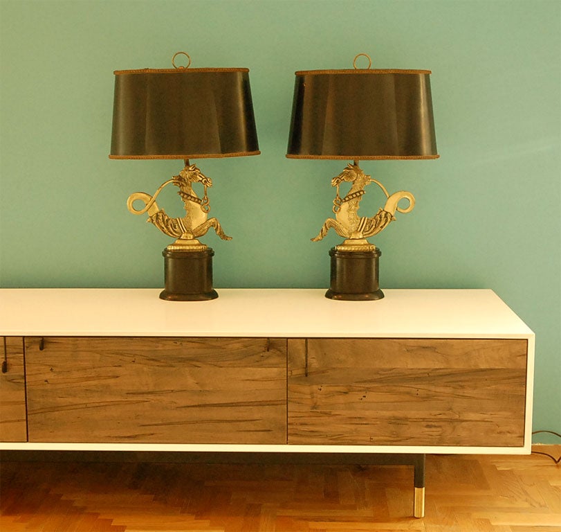 Mid-20th Century Pair of Brass Seahorse Lamps