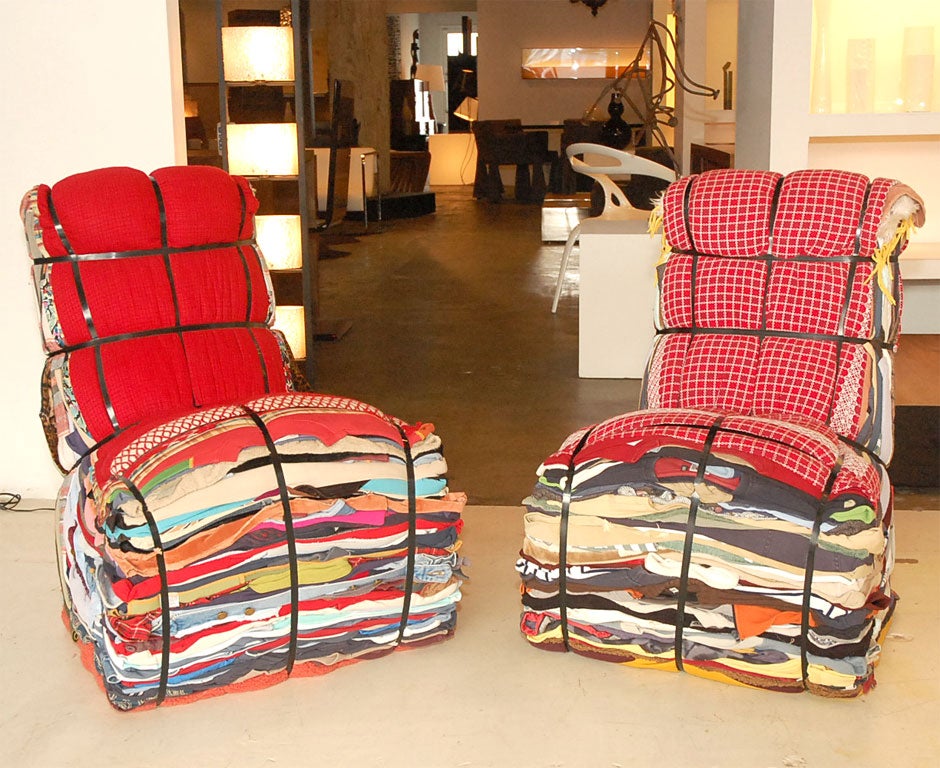 This chair is layered from the contents of 15 bags of rags. It arrives ready made but the user has the option to recycle their own discarded clothes to be included in the design. Each piece is unique, but it can also become a treasured chest of