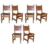 Antique Set of Six 20th Century Portuguese Wood and Leather Chairs