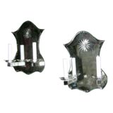 Art Deco mirror back, two light sconce with etched sunburst.