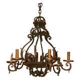 Antique A FRENCH WOOD AND WROUGHT IRON SIX (6) LIGHT CHANDELIER