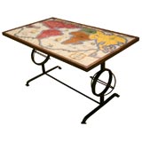Vintage french tile map of the world coffee table in the style of Royer