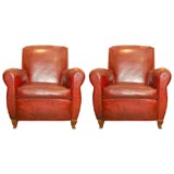 Pair of red burgundy leather {orginal} Club Chairs