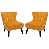Hollywood Regency style pair of yellow velvet slipper chairs