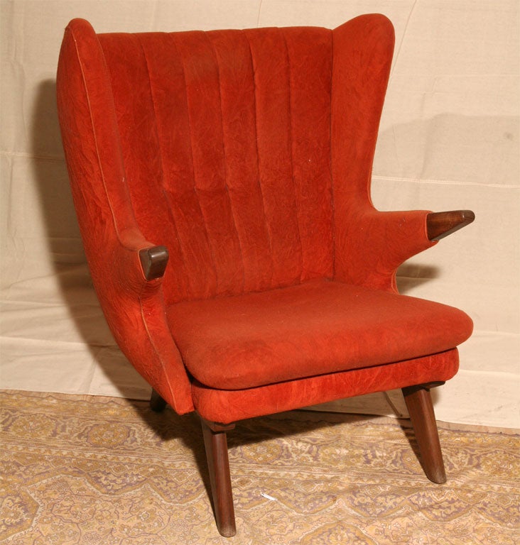 Red 'Papa Bear' Chair by Danish designer Svend Skipper, mid-century modern, in teak with original velour fabric, very comfortable