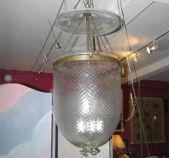 Large bell jar light with criss-cross pattern etched into glass.  Newly wired and ready to hang. 4 Available.  Price is for each.