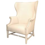 Antique White Leather Banker's Wing Chair
