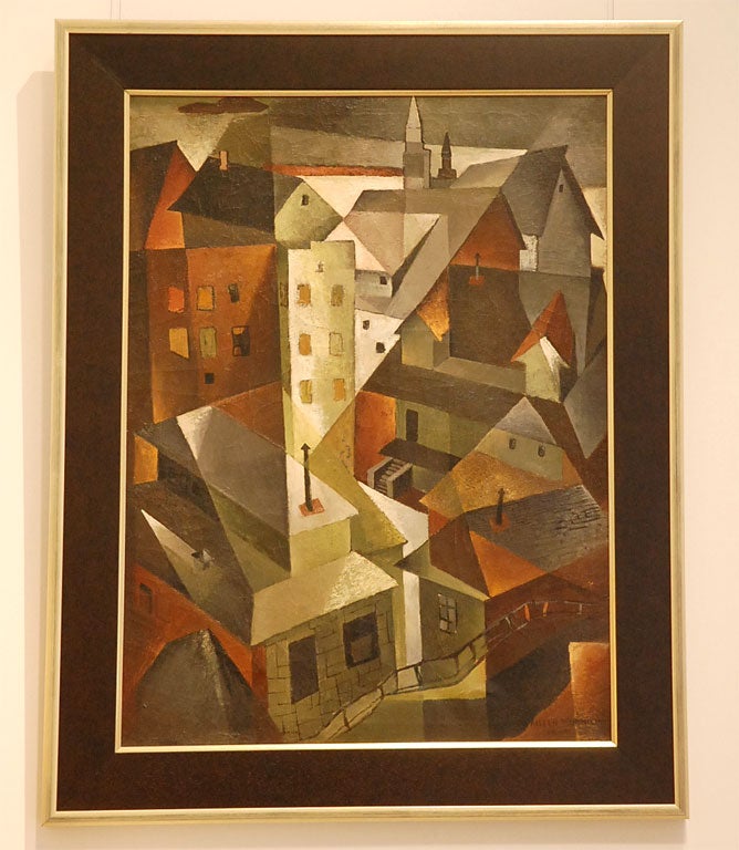 This impressive cubist oil painting, dated 1949, has been recently cleaned and restored and is newly framed.  The subject of roof tops is perfect for this style of work. The canvas itself measures 35
