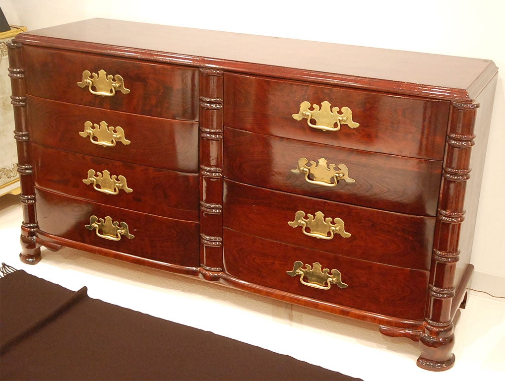Large chest of drawers designed by Dorothy Draper (and built by John Widdicomb) for the Greenbrier Hotel in West Virginia.  The chest is in excellent condition, with the original delivery tag and insignia attached to the back (see detail photo). 