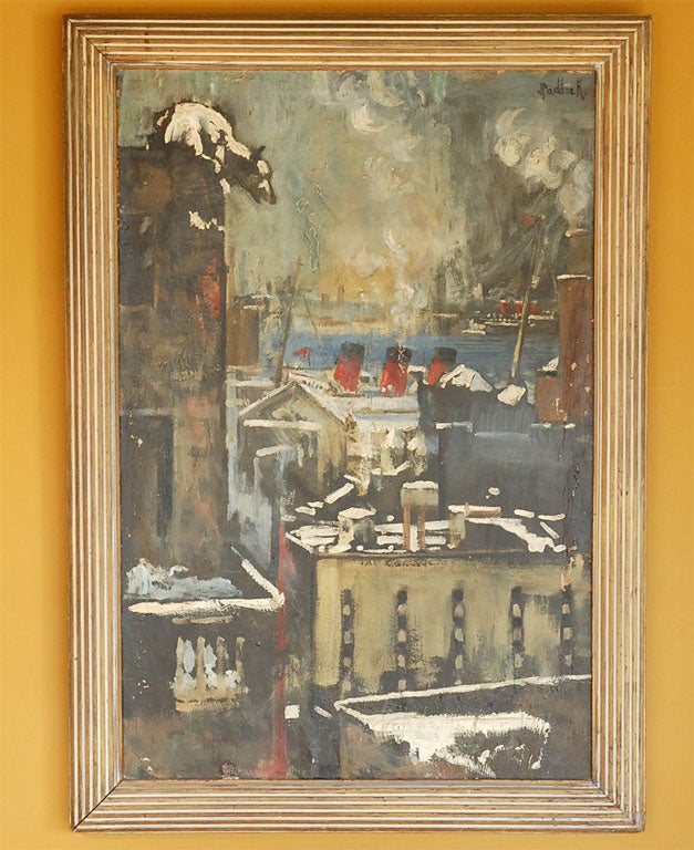 Unique oil on canvas painting depicting a polar bear atop a building overlooking a big city shipyard and harbor, circa 1940s-1950s. Signed Paddock.